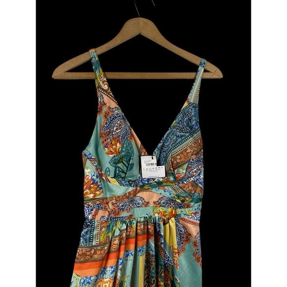 Shelli Segal Dress Gown Satiny Slip Paisley Slit Long Boho Forest Fairy Formal 2 - Picture 11 of 16